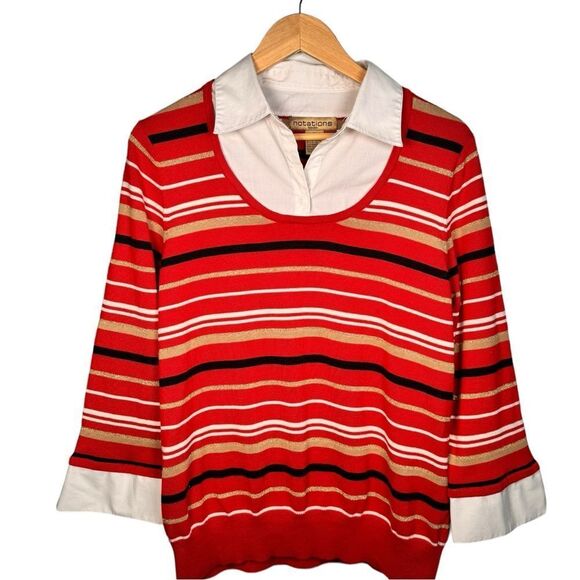 Notations Red Striped Gold Glitter Detail Collared Pullover Sweater. 2X. Plus. - Picture 1 of 7